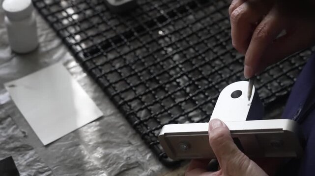 Worker carefully scraping and deburring white painted metal bracket on wire mesh drying rack surface