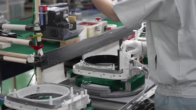 Assembly worker handling large IH induction coil frame with heating elements on green-belt production line