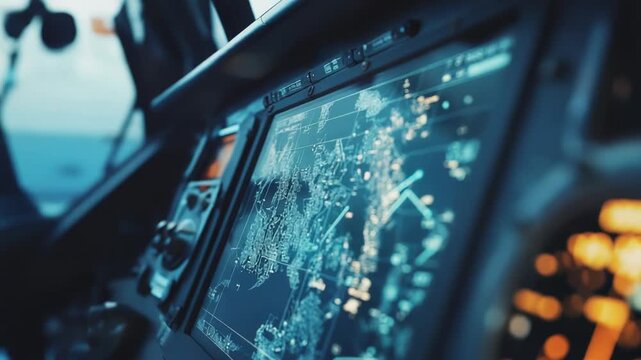Cockpit instrument panel displaying a detailed digital map for flight navigation, featuring modern avionics and complex data to guide travel and ensure passenger safety