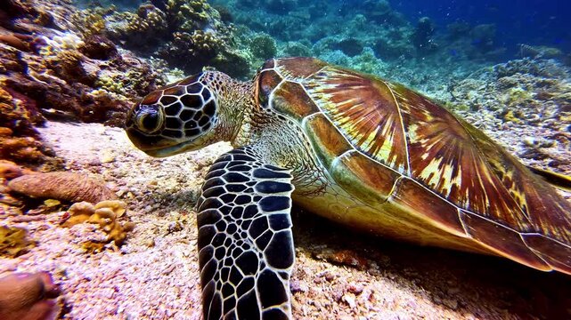 A sea turtle rests on the sandy ocean floor surrounded by coral formations. Perfect for marine biology content or oceanography studies.