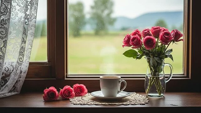 A steaming cup of coffee sits beside a vase of fresh pink roses on a wooden sill