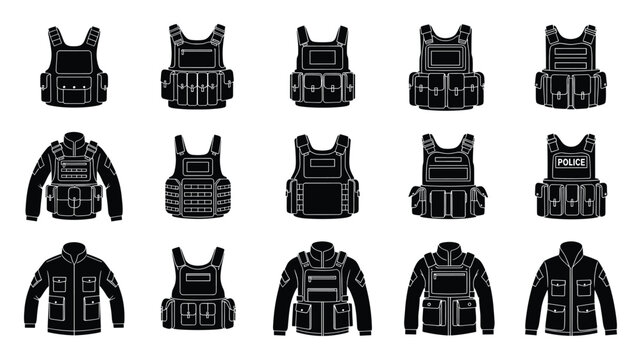 Tactical vests, police gear, and military jackets for security forces equipment concepts