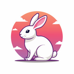 Obraz premium Cute White Rabbit Sitting in Front of a Sunset Circle