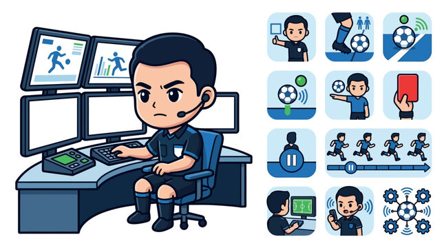 Flat vector illustration of a cute chibi male soccer referee sitting in a VAR video assistant referee control room with multiple monitors, headset, and icons for red card and offside.