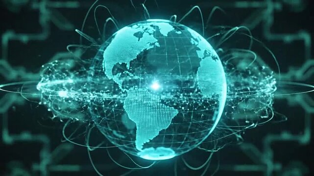 A glowing digital globe rotates with interconnected data lines in dark space