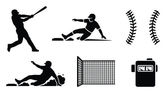 Baseball player swinging bat, sliding into base, with game elements for sports themed designs