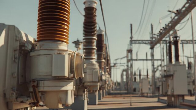 Electrical substation under a clear blue sky with multiple high voltage transformers, insulators and power lines illustrating critical energy distribution and grid infrastructure stability