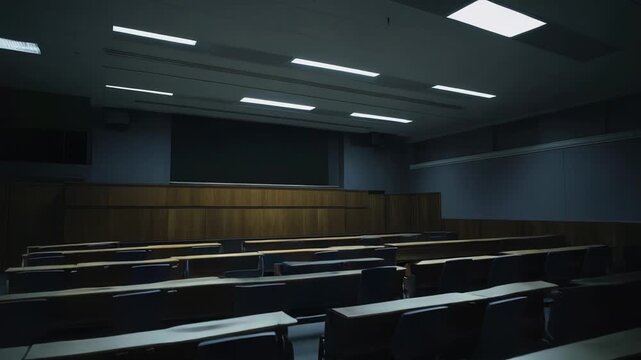 Empty lecture hall with rows of desks and a dark blackboard, illuminated by overhead lights, representing solitude, emptiness, and the absence of people in classrooms
