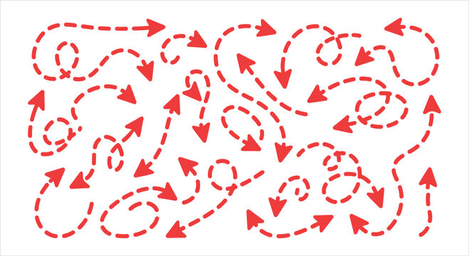 Collection of dashed red arrows pointing in various directions on a white background