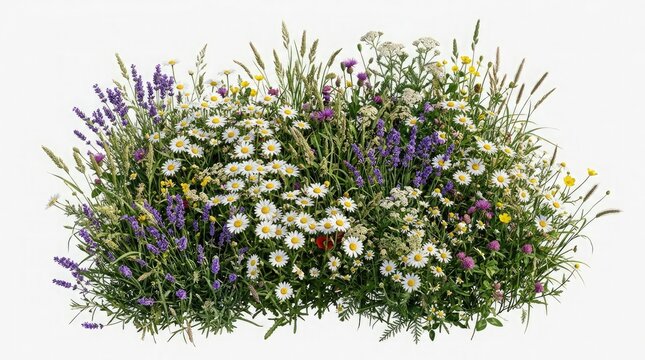 Lush cluster of diverse wildflowers featuring white daisies, purple lavender, and green grasses. Vibrant botanical arrangement blooming on a clean background