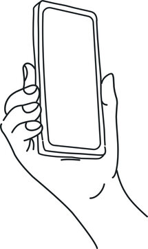 A simple line art drawing of a human hand holding a modern smartphone with a blank screen, ready for interaction.