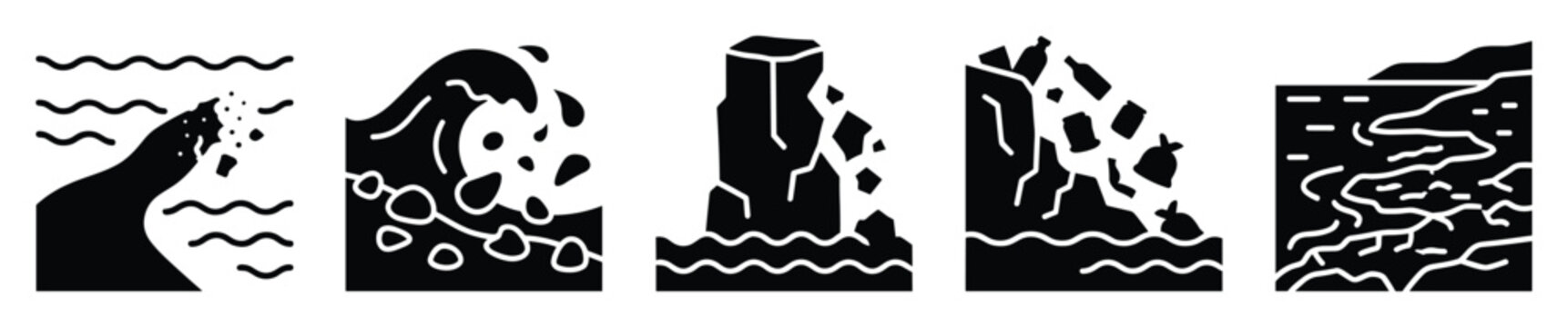 Five minimalist nature water icons portraying river flow, ocean waves, sea stacks, and eroding cliffs for environmental and geological presentations