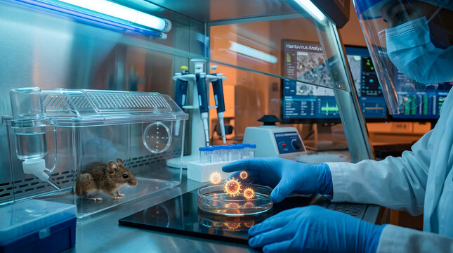 Scientist in lab coat, face shield, and gloves examines virus samples with mouse in background
