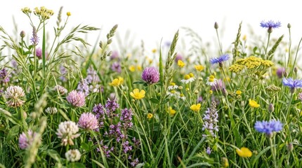 Fototapeta premium Vibrant meadow brimming with diverse wildflowers and lush green grass under a soft white sky