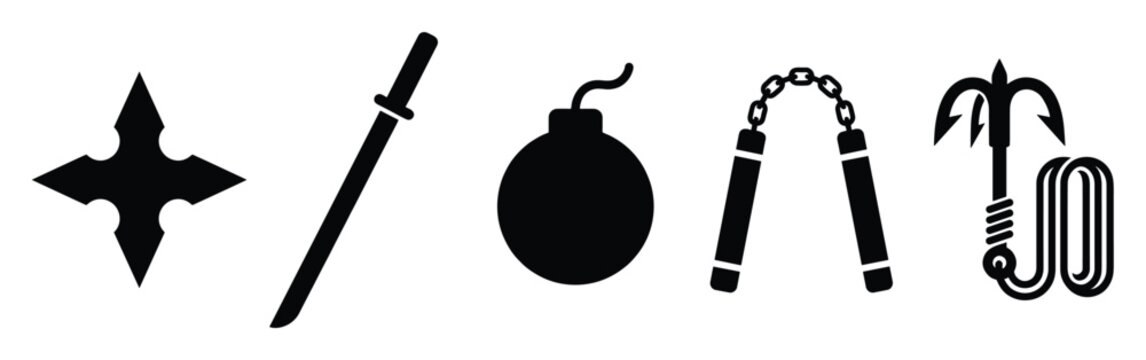 Various ninja weapons and martial arts equipment icons such as a shuriken sword nunchaku bomb and grappling hook for graphic resource kits