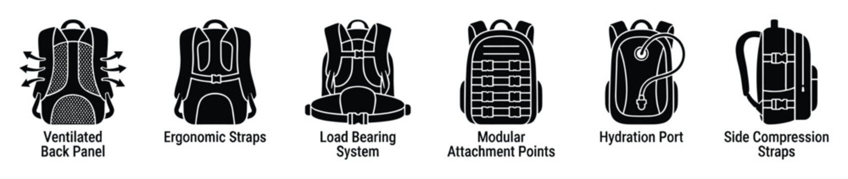 Backpack outdoor gear feature icons for camping hiking and travel product specifications and guides
