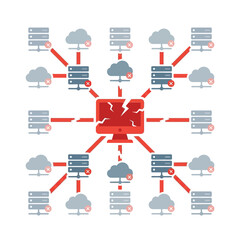 Single point failure network, outage spreads, cloud server disruption, disaster recovery workshop, incident response training, resilience session, conceptual vector illustration © Feelio