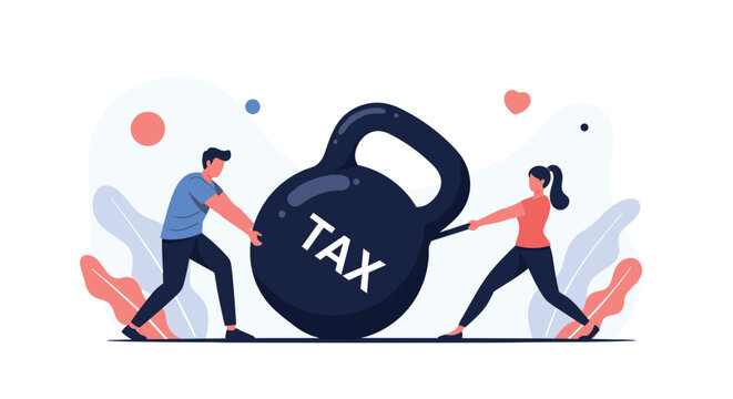 Man and woman working together to push a massive kettlebell representing the heavy burden of taxes on citizens.