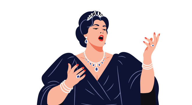 Elegant opera singer in a navy blue dress and sparkling jewelry performing with passion on a white background.