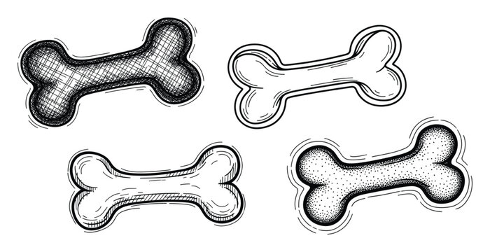 Hand drawn dog bones with diverse ink sketch textures ideal for pet product packaging