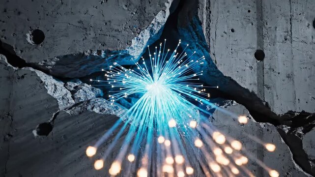 A bright blue light shines through a cracked concrete wall with sparks flying.