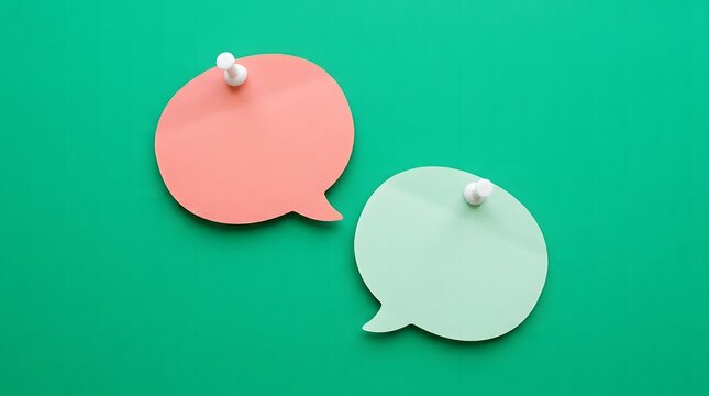 Colorful speech bubble paper notes pinned on green background, communication and social media concept