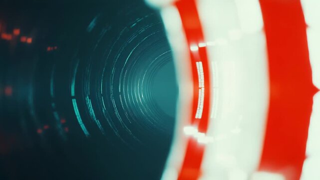 Abstract glowing red and teal light tunnel forming a dynamic data conduit and immersive cyberspace pathway, conveying high speed information, connection, and futuristic network energy