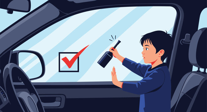 Small child inside a car reaching for the door lock while a checkmark icon highlights a vehicle safety concept.