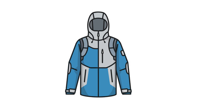 Outdoor blue and grey hooded jacket, winter sportswear, activewear, flat illustration