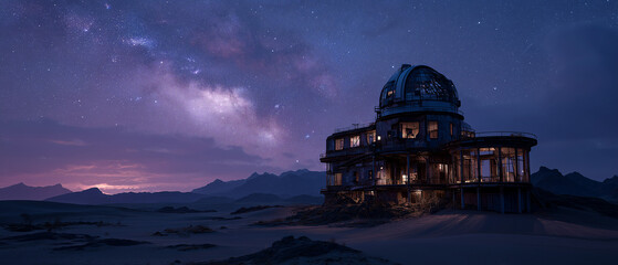 photo-realistic abandoned observatory in the middle of a remote desert plateau, giant rusted telescope under the Milky Way, wind-blown sand dunes, cinematic night photography, astrophotography style. © 逵翔 張