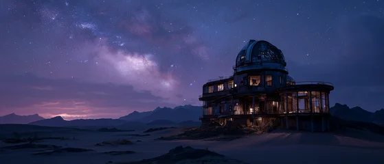 photo-realistic abandoned observatory in the middle of a remote desert plateau, giant rusted telescope under the Milky Way, wind-blown sand dunes, cinematic night photography, astrophotography style. © 逵翔 張