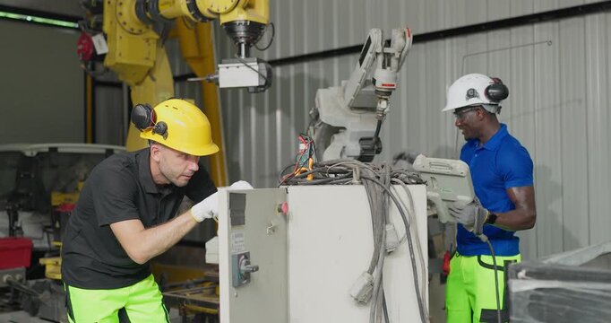 Technicians troubleshoot a robotic arm control system in a workshop, checking settings, electrical components and maintenance data for automation upgrade.
