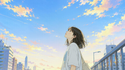 Fototapeta premium 都会の空を見上げる女性と幻想的な夕焼け空のアニメ風イラスト