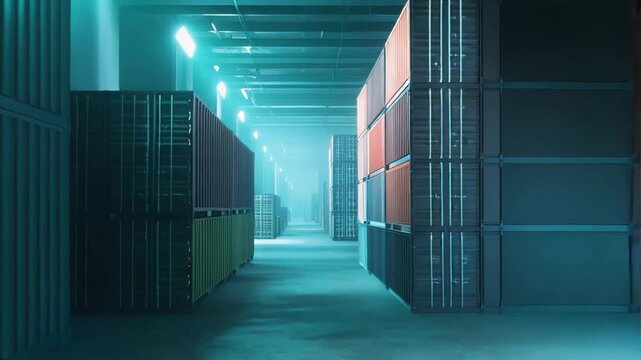 Shipping containers standing stacked in a warehouse, creating rows for industrial storage and transportation with a moody, foggy atmosphere enhancing the global supply chain concept