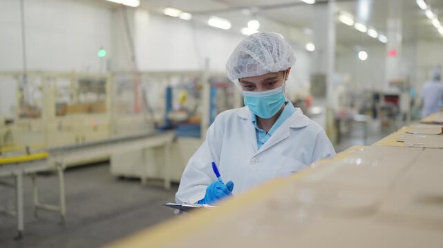 Quality Control in the Factory: A dedicated worker, shielded in protective gear, meticulously documents observations in a modern factory setting.