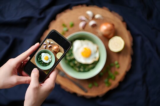 Culinary Snap: Capturing a culinary creation, a person's hands delicately hold a smartphone, ready to immortalize a vibrant dish of spinach and a sunny-side-up egg.