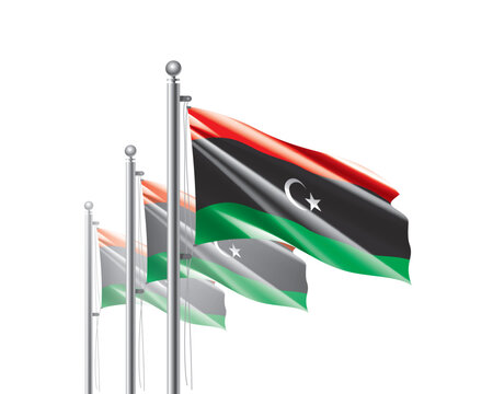 Brightly shining Libyan flags wave proudly on tall masts during official celebration events