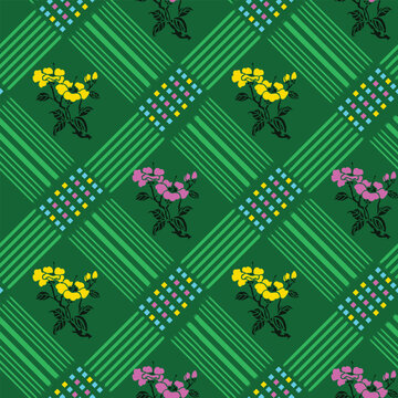Seamless Floral and Geometric Pattern with Green Stripes and Flowers