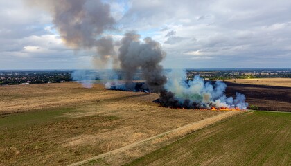Fototapeta premium Agricultural field fire creating large plumes of smoke under a cloudy sky