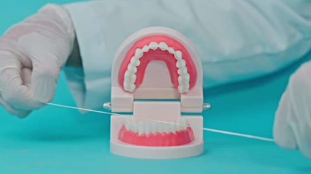 Medical Professional Hands Showing How To Use Dental Floss For Oral Cleaning On Anatomical Jaw Model