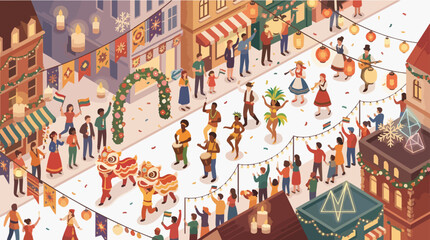 Obraz premium Aerial view of a lively winter market scene with people walking and shopping on a snow-covered street lined with festive buildings and stalls.