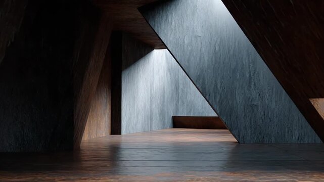 Abstract brutalist architecture creates a modern and minimalist interior space with geometric shapes, rough concrete textures, and natural light casting intriguing shadows on surfaces