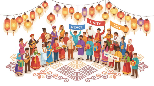Illustration of diverse people from different cultures holding signs for peace, unity, and love, surrounded by colorful lanterns and decorative patterns on a white background with a vibrant