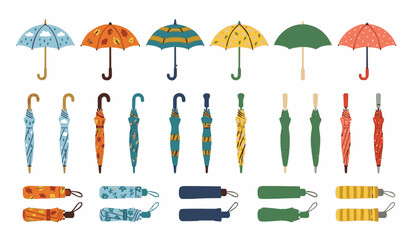 Multicolored umbrellas vector set with open closed and folded rainy season parasols isolated on white background © MstLutfa