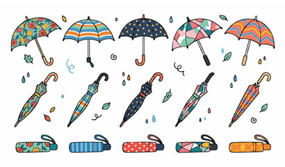 Hand drawn multicolor umbrella vector set open folded and closed parasols isolated rainy season illustration on white background © MstLutfa