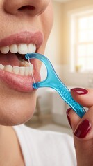 Naklejka premium Close-up of a woman's mouth and hand flossing her teeth with a blue floss pick in a bright