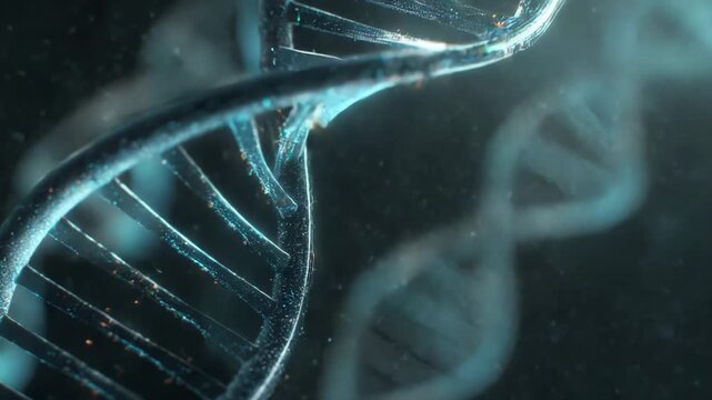 Dna spiral strand with shining particles and abstract biological molecules representing genetic information, medical research, and scientific advancement