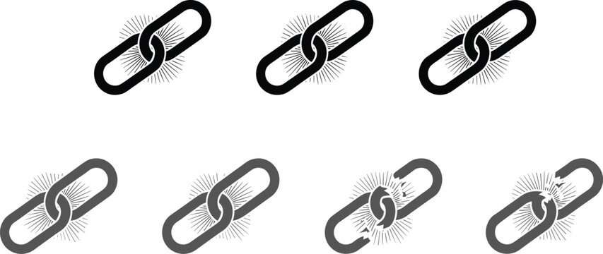 Broken Chain Link and Disconnect Symbol Icon Set Featuring Network Failure Security Break and Connection Error Concepts