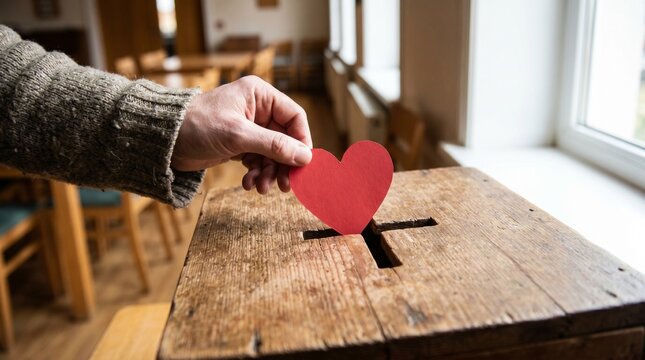 Hand placing a red heart into a wooden donation box symbolizing generosity and charitable giving