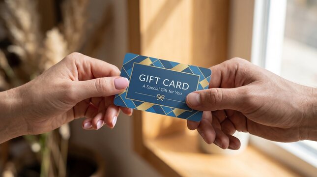 Handing over a stylish blue and gold geometric patterned gift card with a bow illustration